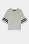 The SPLITS59 Ava Jersey Tee in Heather Grey/Black features short sleeves with two black stripes on each arm, making it perfect for running or gym workouts. Shown laid flat on a white background.
