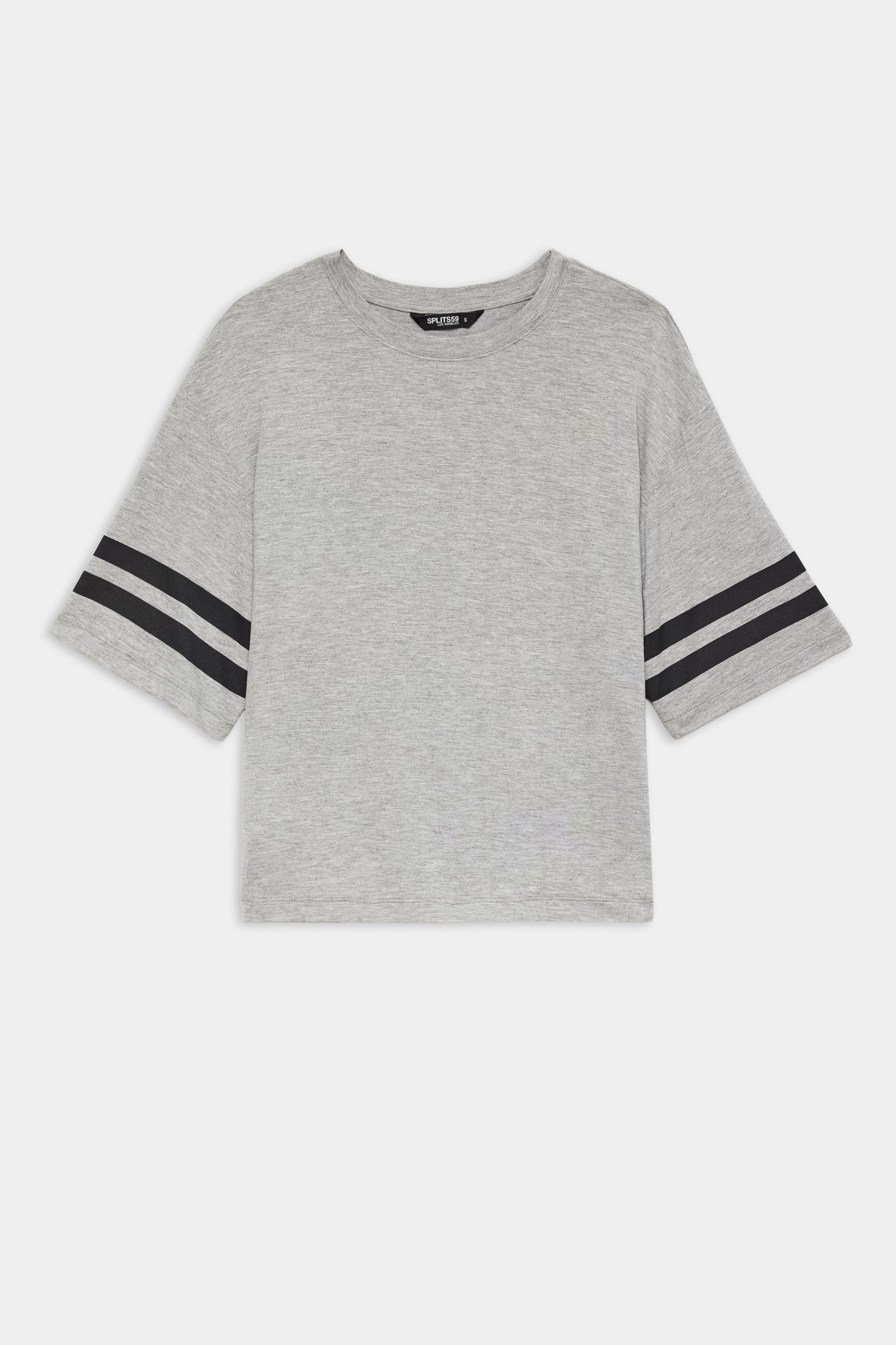 The SPLITS59 Ava Jersey Tee in Heather Grey/Black features short sleeves with two black stripes on each arm, making it perfect for running or gym workouts. Shown laid flat on a white background.