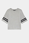 The SPLITS59 Ava Jersey Tee in Heather Grey/Black features short sleeves with two black stripes on each arm, making it perfect for running or gym workouts. Shown laid flat on a white background.