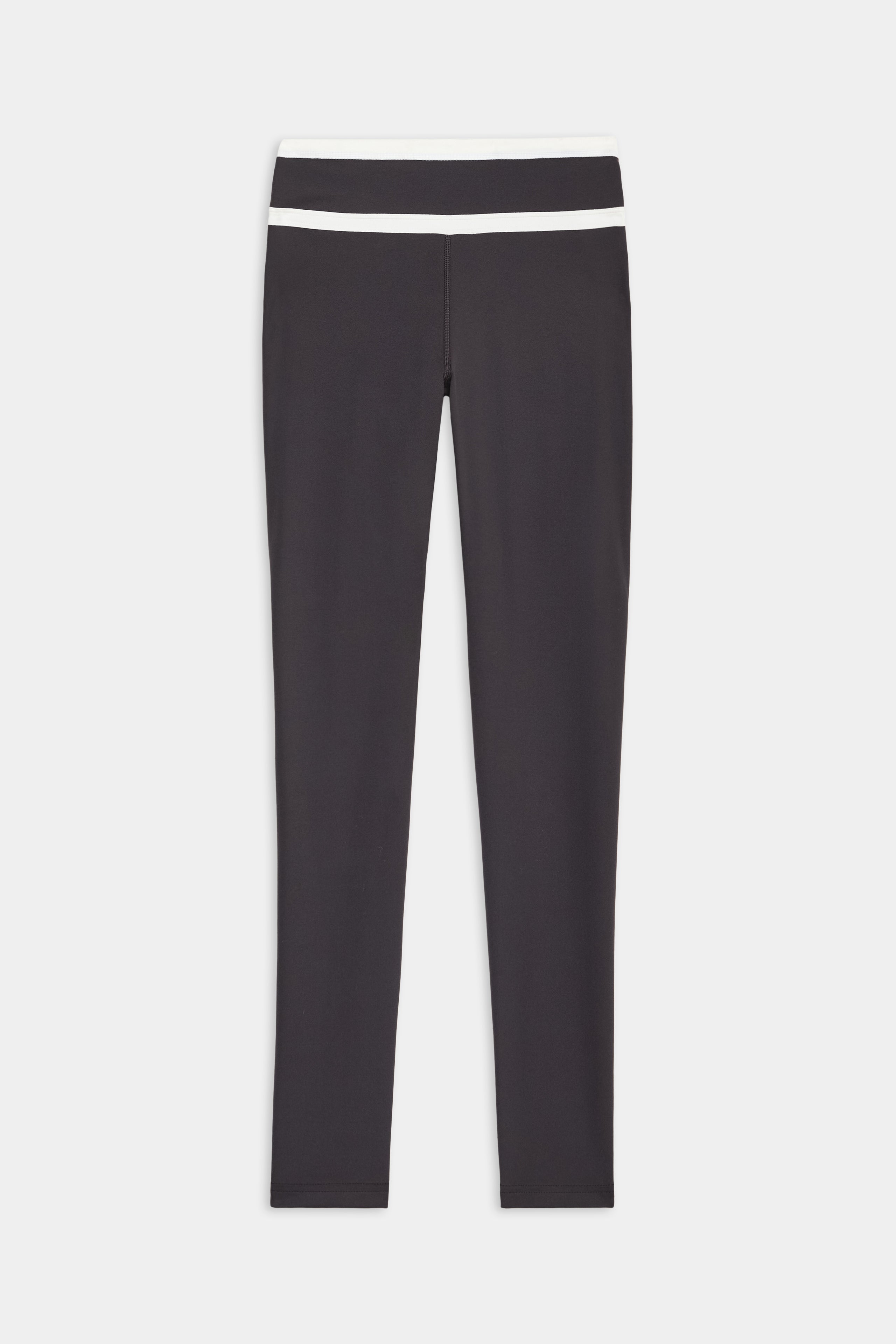The SPLITS59 Mason High Waist Rigor Full Length leggings in Graphite/White are displayed flat on a plain white background, highlighting their black color and distinctive white waistband detail.