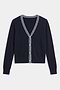 The SPLITS59 Bekah Knit Cardigan in Indigo/White features a V-neck and white striped trim along the neckline, button placket, and hem for a touch of effortless style.