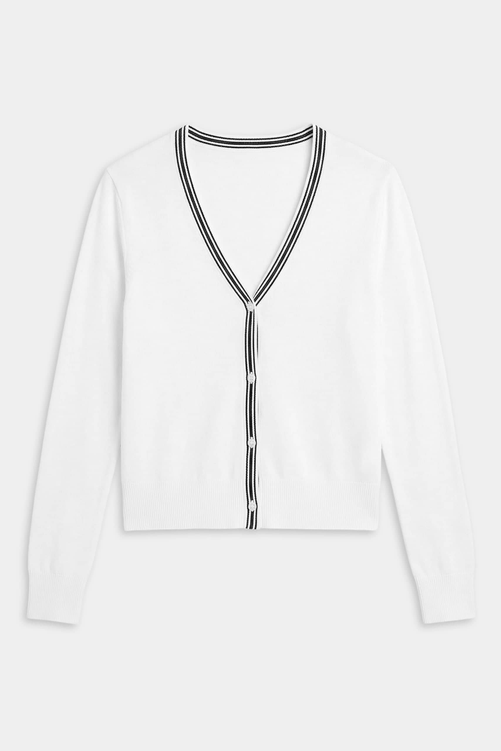 The SPLITS59 Bekah Knit Cardigan – White/Indigo features a V-neck, long sleeves, and indigo-and-white striped trim at the neckline, button placket, and hem—an effortless essential for any wardrobe.