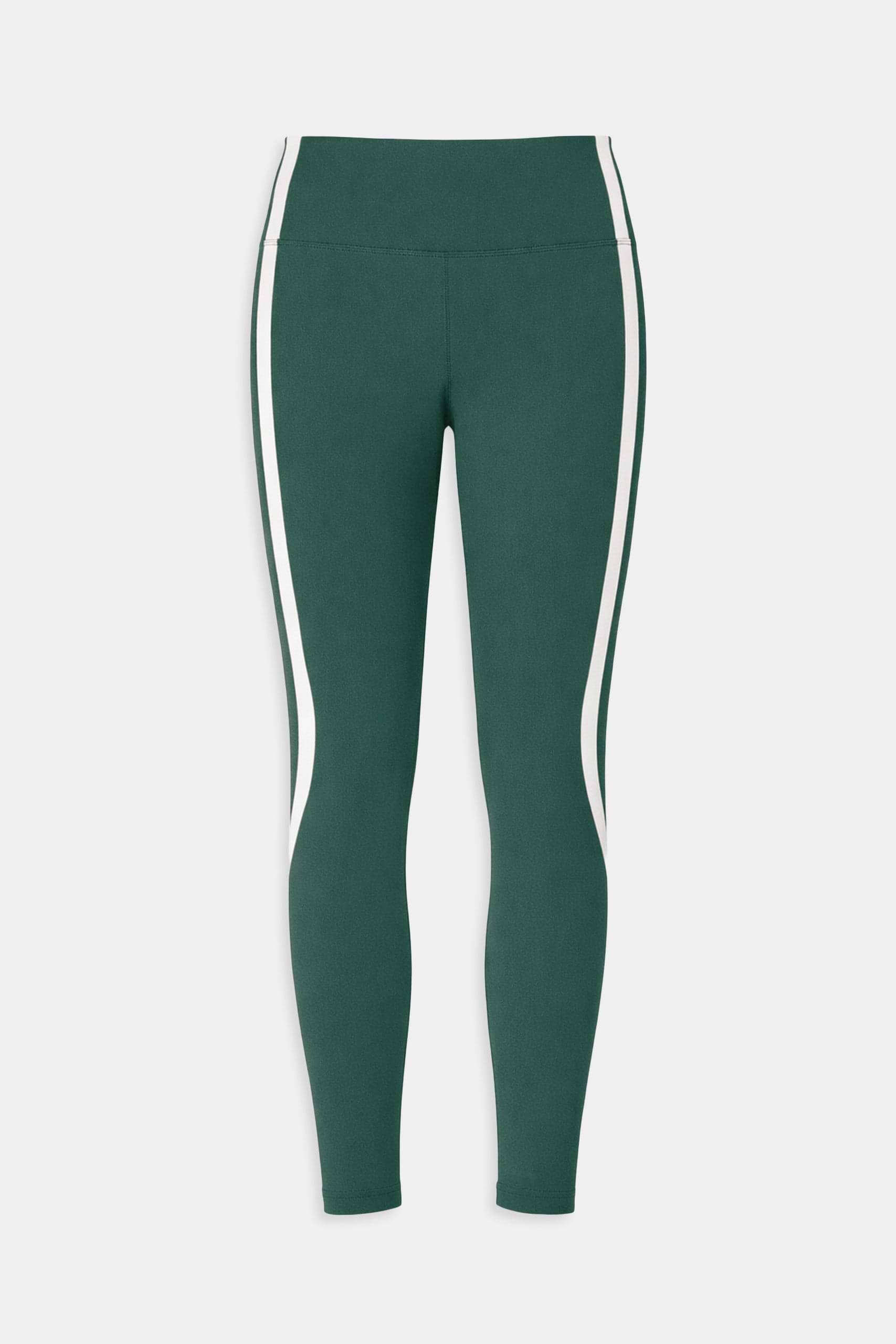 SPLITS59 Bianca High Waist Rigor 7/8 leggings in Arugula/White feature white vertical side stripes and performance fabric, shown against a plain white background.