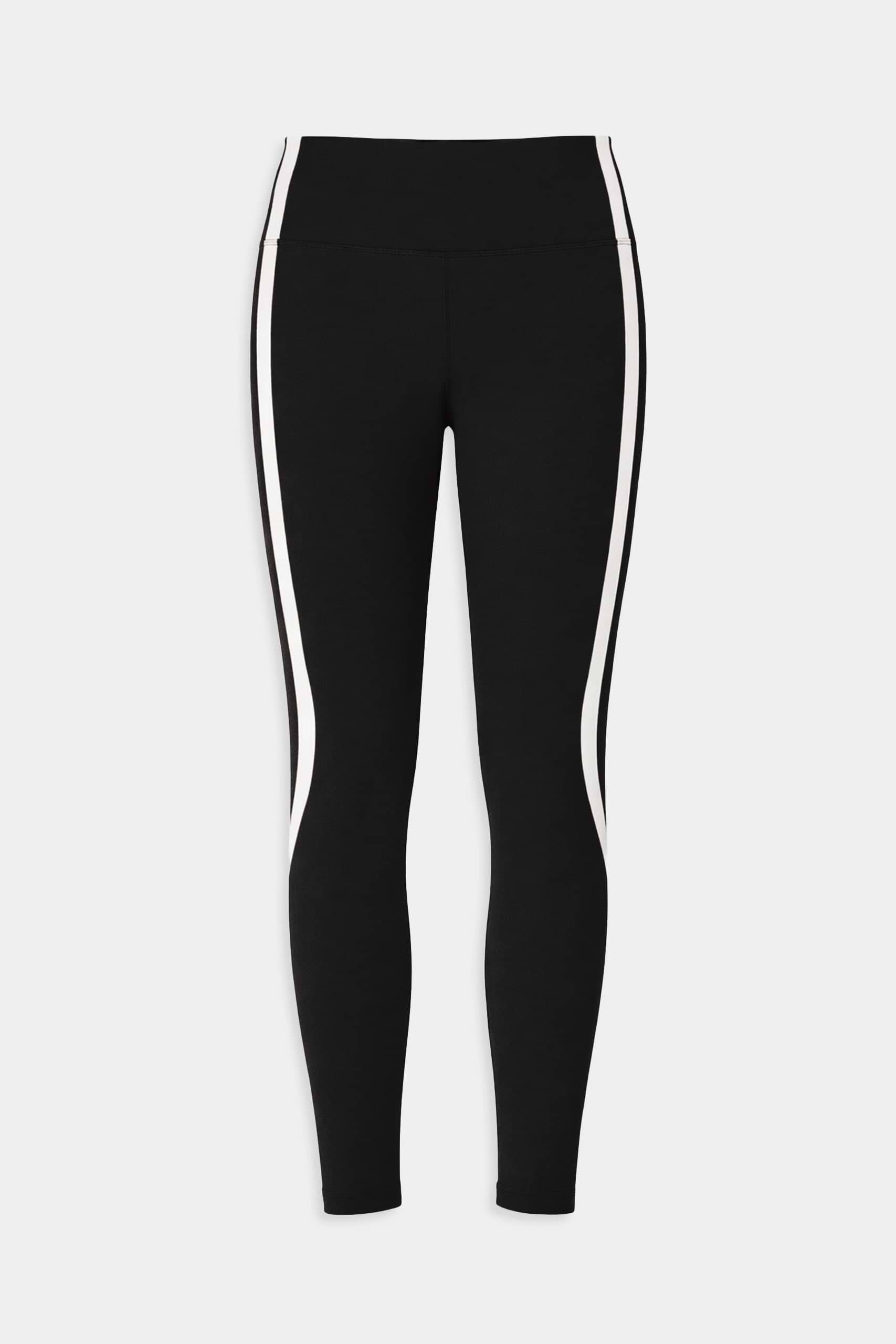 The SPLITS59 Bianca High Waist Rigor 7/8 in Black/White features a high waist and two white vertical side stripes, shown on a plain white background.