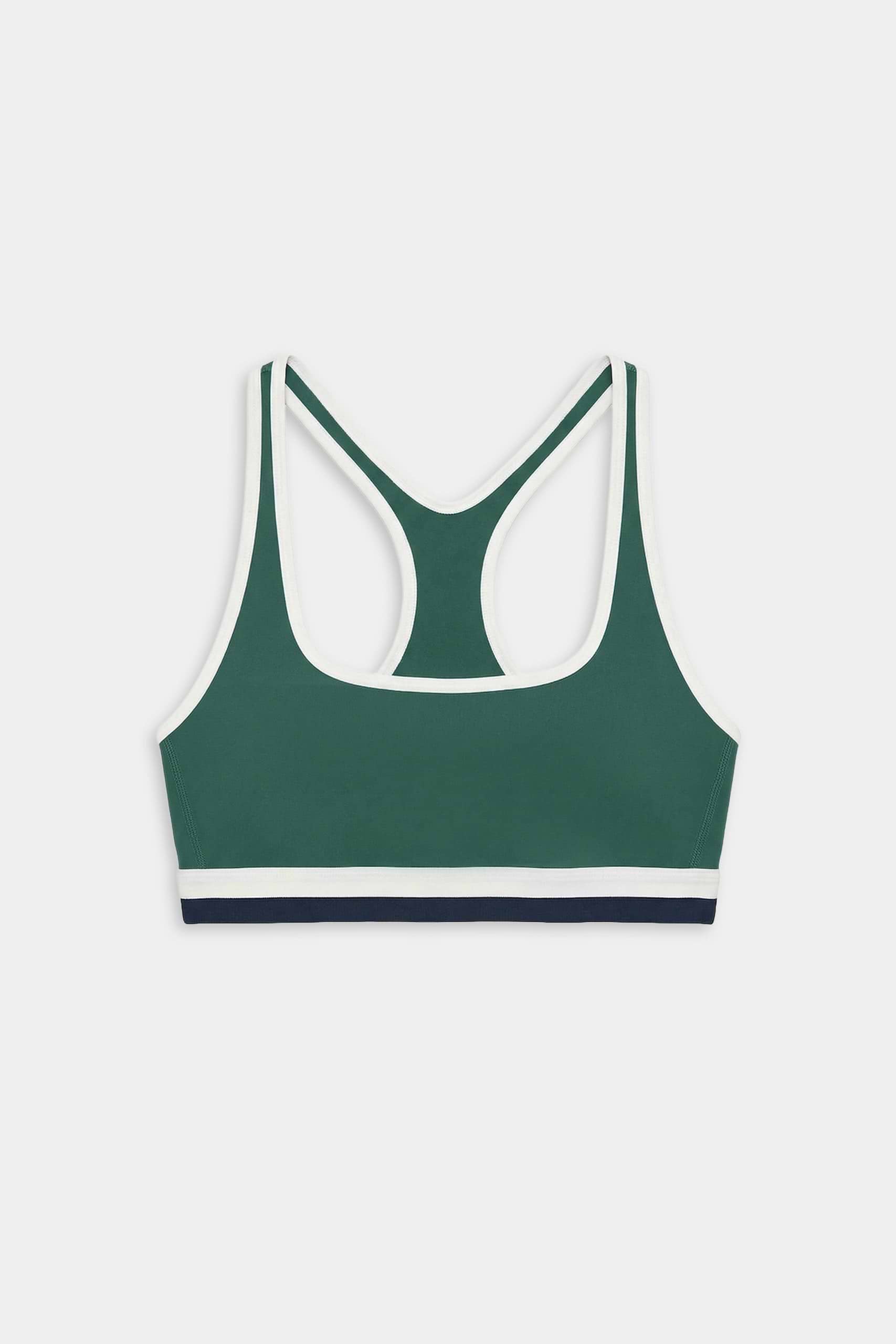The SPLITS59 Bianca Rigor Bra in Arugula/White features a bold green design with white trim and a navy stripe on the bottom band, crafted for high-impact workouts and shown flat on a white background.