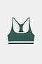 The SPLITS59 Bianca Rigor Bra in Arugula/White features a bold green design with white trim and a navy stripe on the bottom band, crafted for high-impact workouts and shown flat on a white background.