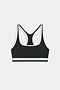 The SPLITS59 Bianca Rigor Bra - Black/White features a racerback design, white trim, and a green stripe on the bottom band, ideal for high-impact workouts. Shown on a plain white background.