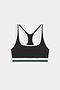 The SPLITS59 Bianca Rigor Bra - Black/White features a racerback design, white trim, and a green stripe on the bottom band, ideal for high-impact workouts. Shown on a plain white background.