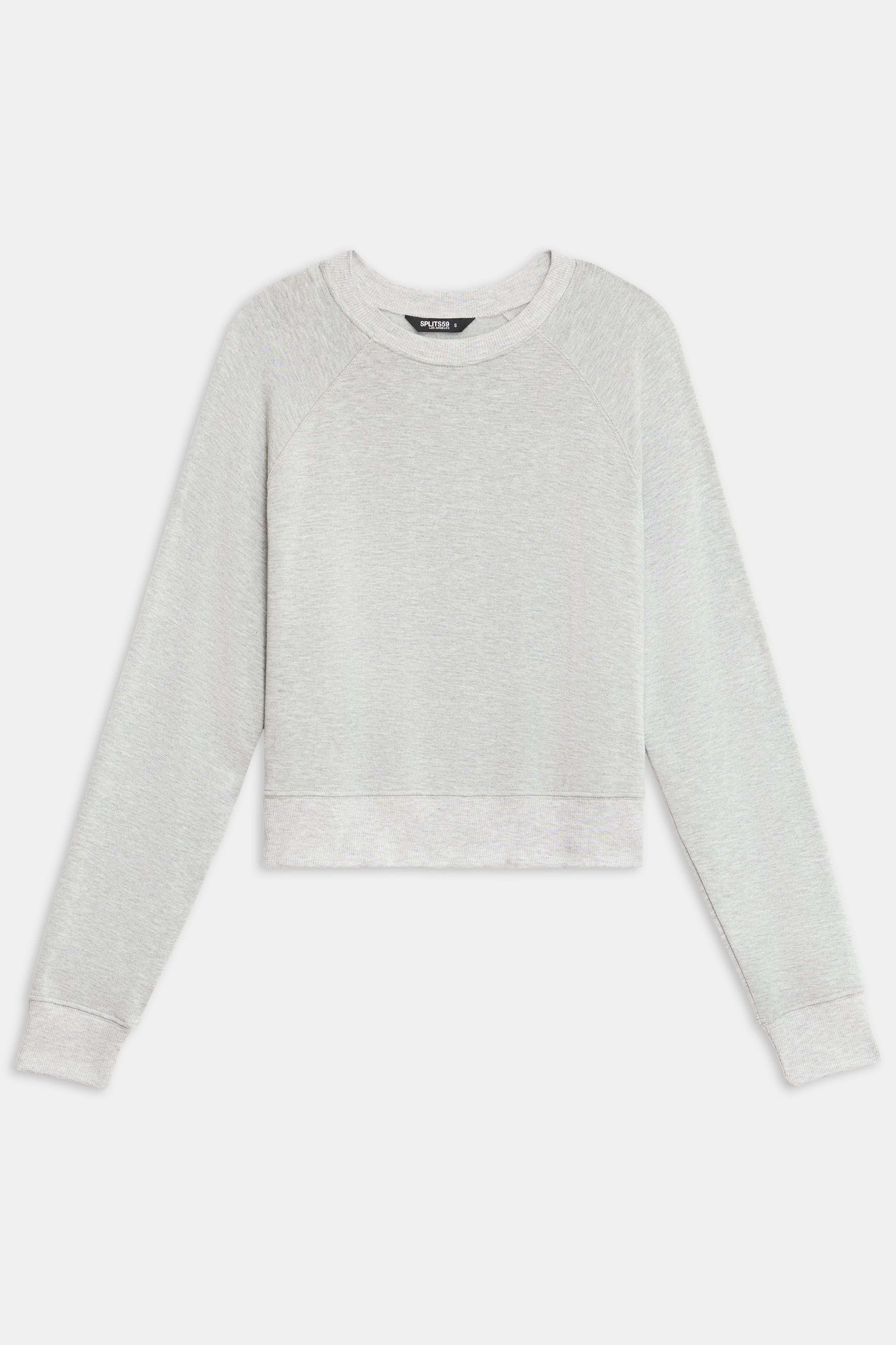 The SPLITS59 Brooks Fleece Long Sleeve Sweatshirt in light gray features a crew neck and cropped fit, shown laid flat on a white background.