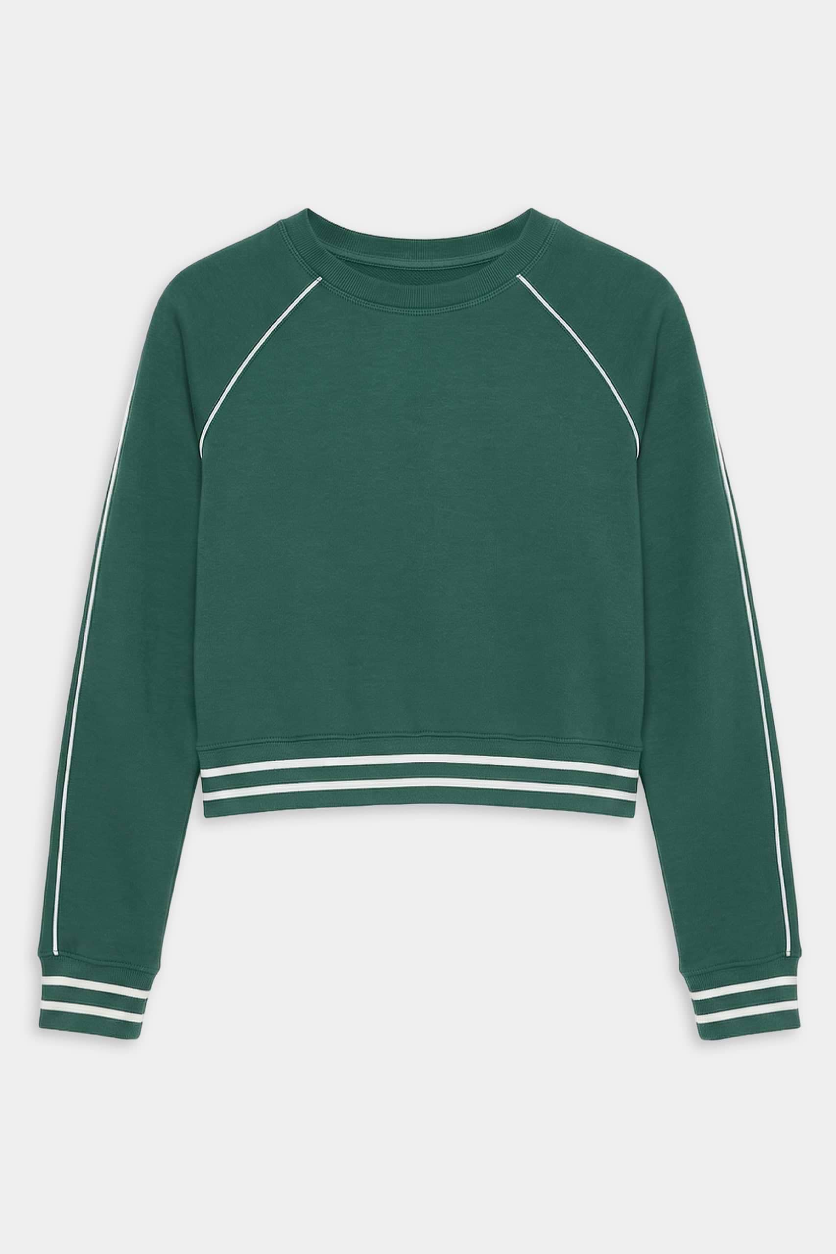 The SPLITS59 Brooks Fleece Sweatshirt With Stripe in Arugula/White features a crewneck, long sleeves, cropped fit, white sleeve piping, striped cuffs and hem. Crafted in Los Angeles from soft drape-stretch modal for comfort and style.