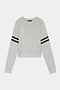 Light gray long-sleeve sweatshirt with two black stripes on each sleeve, a crew neckline, and ribbed cuffs.