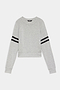 Light gray long-sleeve sweatshirt with two black stripes on each sleeve, a crew neckline, and ribbed cuffs.