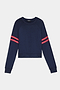 Navy blue long-sleeve sweatshirt with two horizontal red stripes on each sleeve, crew neckline, and cuffed wrists.