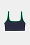 The SPLITS59 Cait Rigor Bra in Indigo/Grass features a square neckline, green trim, and high-performance Rigor fabric for supportive comfort—ideal for high-impact workouts. Shown on a white background.