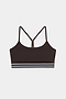 The SPLITS59 Cali Active Rib Bra in Heather Dark Chocolate features thin straps, a racerback design, and a black and white striped elastic band for stylish support during workouts.