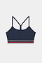 SPLITS59 Cali Active Rib Bra in Heather Indigo features thin crisscross straps and a red, white, and navy striped band, shown on a plain white background.