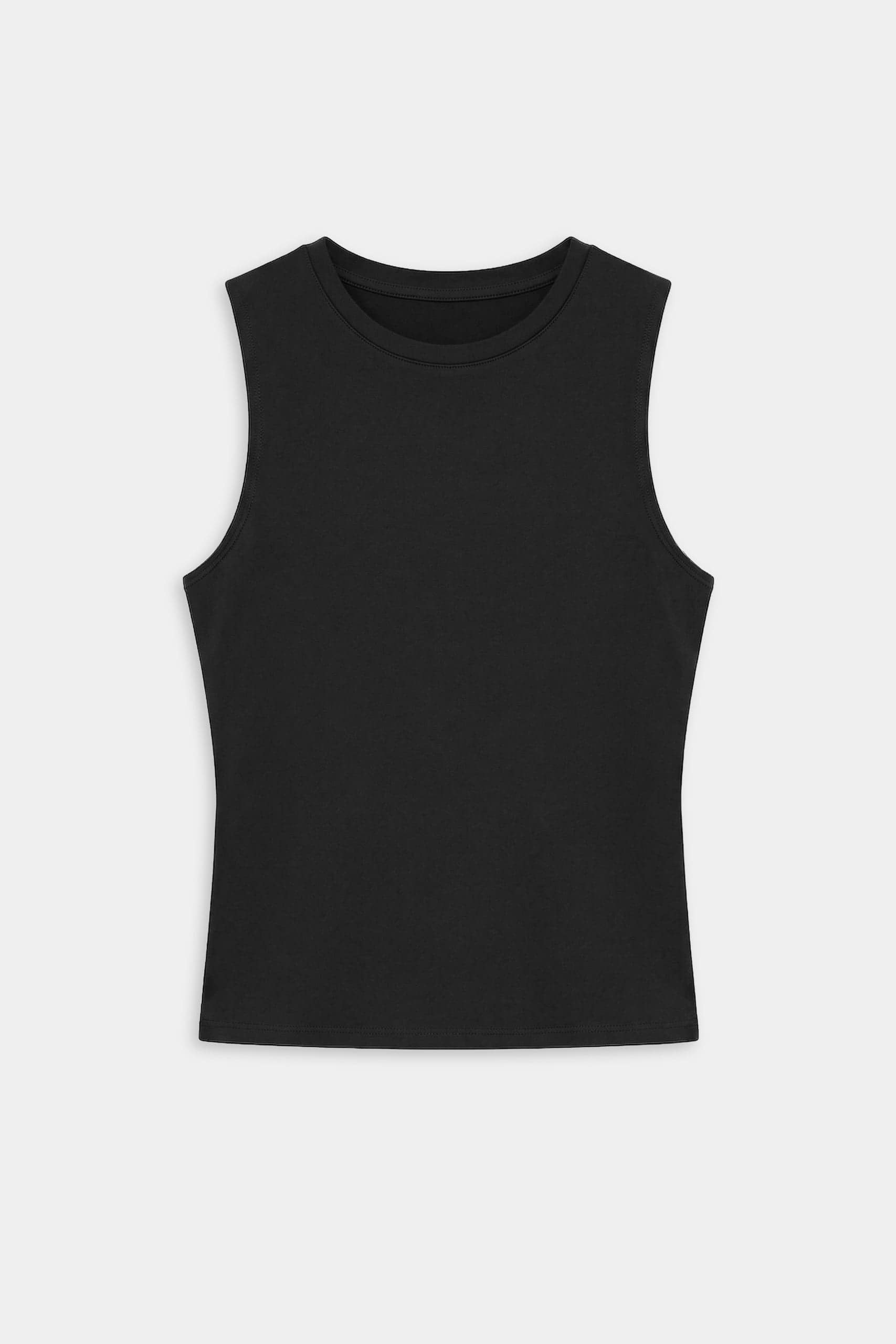 The SPLITS59 Carter Airweight Lite Tank - Black is a buttery soft, plain black sleeveless workout top shown laid flat on a white background.