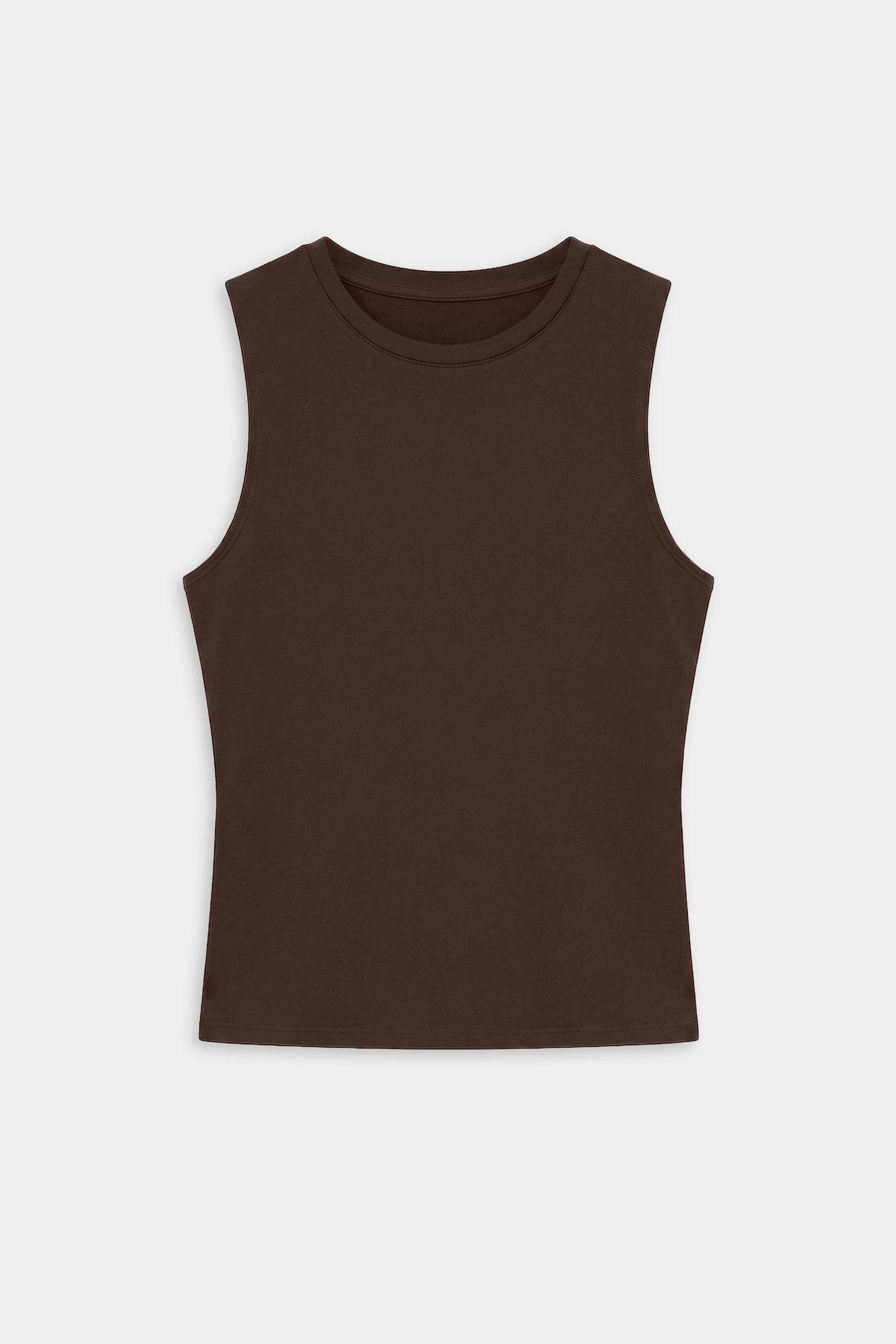 The SPLITS59 Carter Airweight Lite Tank in Dark Chocolate is a buttery soft, sleeveless top with a round neckline, shown flat on a white background.