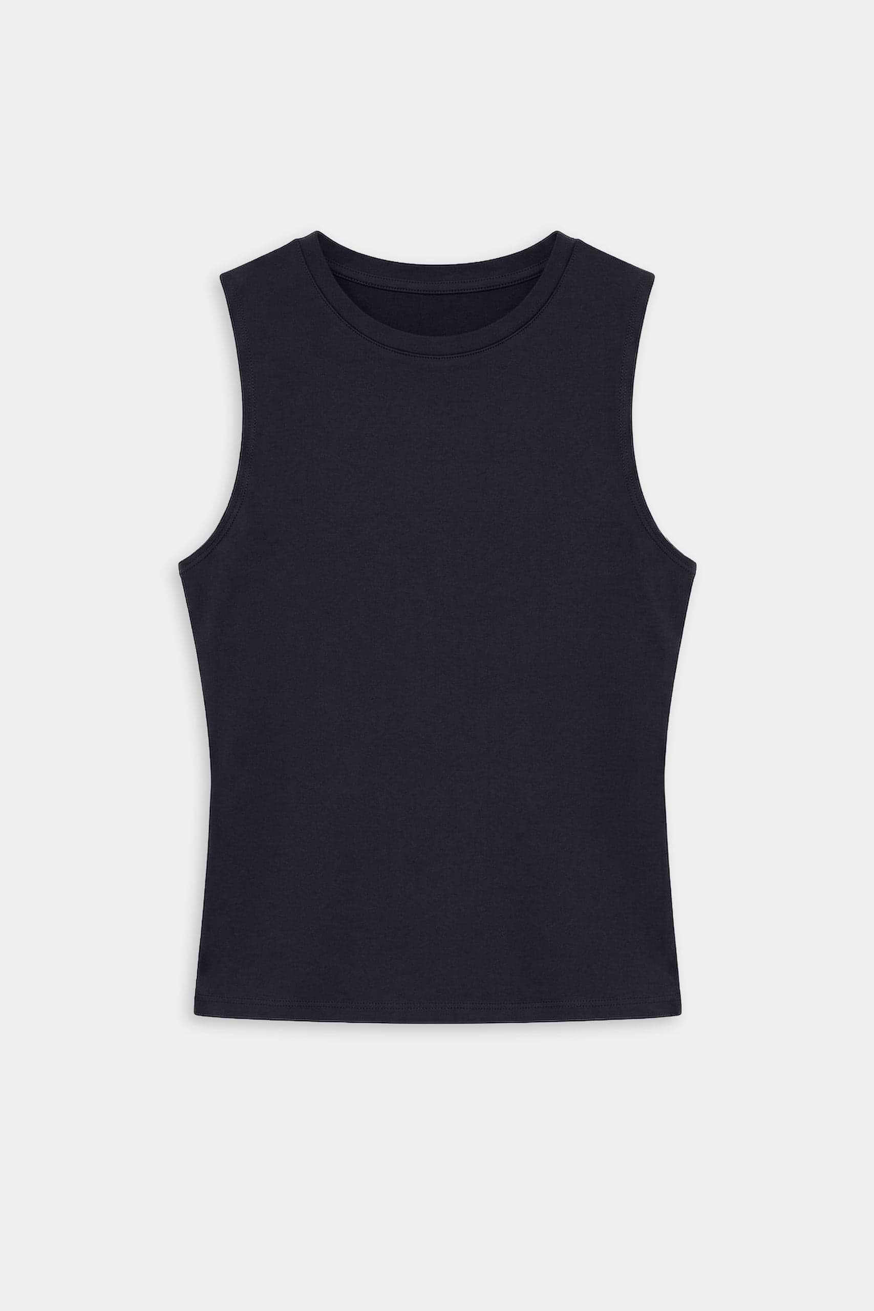 The Carter Airweight Lite Tank by SPLITS59 in indigo, sleeveless, is laid flat on a plain white background, showcasing its buttery soft performance fabric.