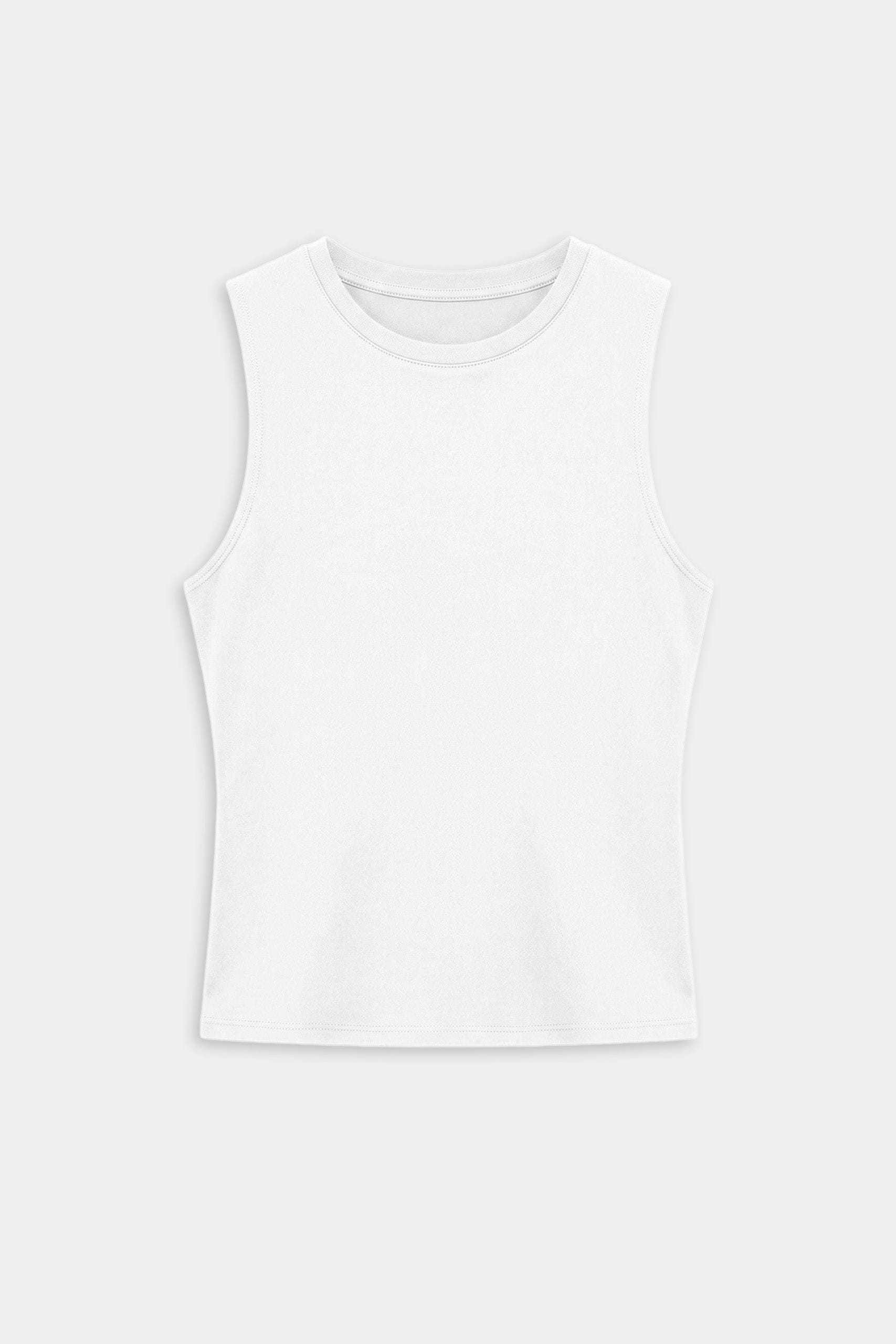 The SPLITS59 Carter Airweight Lite Tank in white, a buttery soft, sleeveless workout top, is displayed on a plain light gray background.