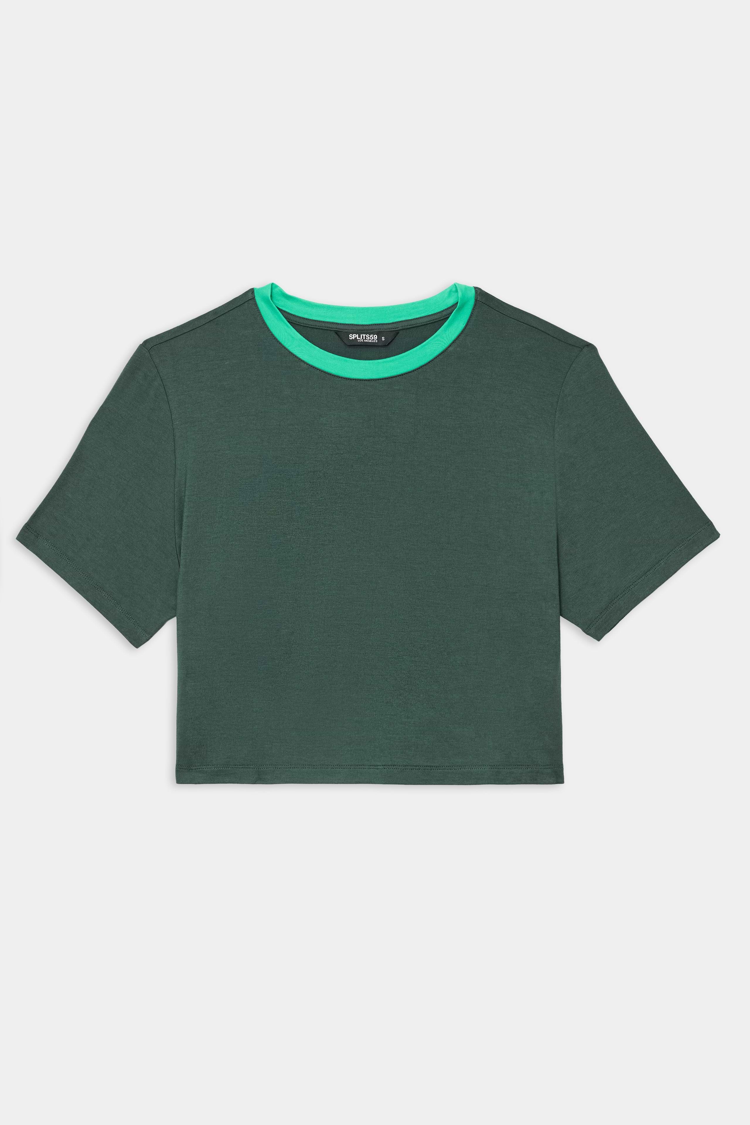The SPLITS59 Djuna Crop Ringer in Military/Spearmint is a dark green, short-sleeve cropped t-shirt with a contrasting light green crew neckline, made from a soft viscose-elastane blend, shown laid flat on a white background.