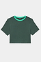 The SPLITS59 Djuna Crop Ringer in Military/Spearmint is a dark green, short-sleeve cropped t-shirt with a contrasting light green crew neckline, made from a soft viscose-elastane blend, shown laid flat on a white background.