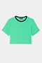 The SPLITS59 Djuna Crop Ringer in Spearmint/Indigo is a green short-sleeve crop top with a black crew neckline, made from a soft viscose blend, shown laid flat on a white background.
