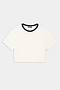 The SPLITS59 Djuna Crop Ringer in White/Indigo is a short-sleeve crop top with a contrasting indigo crew neckline, ideal for gym workouts or CrossFit, shown laid flat on a white background.