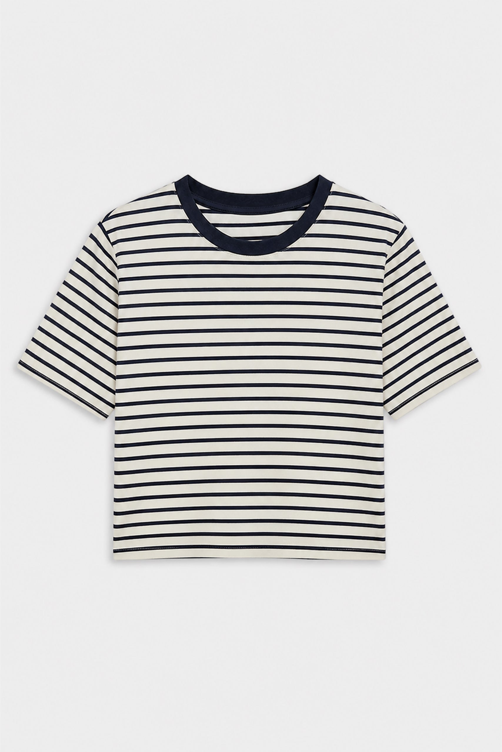 The SPLITS59 Djuna Oversized Jersey Tee in White/Indigo Stripe features short sleeves, a relaxed fit, and a black crew neckline, displayed flat on a white background.