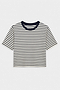 The SPLITS59 Djuna Oversized Jersey Tee in White/Indigo Stripe features short sleeves, a relaxed fit, and a black crew neckline, displayed flat on a white background.