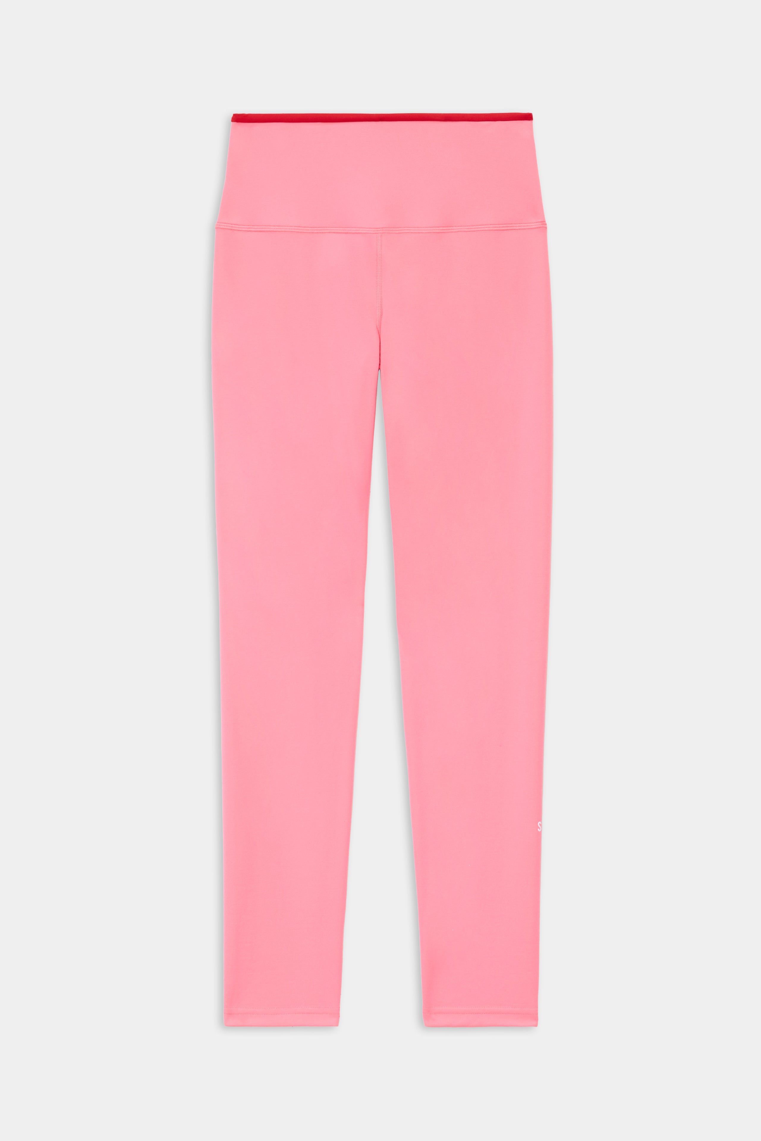 The SPLITS59 Easton Rigor High Waist 7/8 leggings in Strawberry/Pirate Red, made from compressive fabric for added workout support, are shown laid flat on a white background.