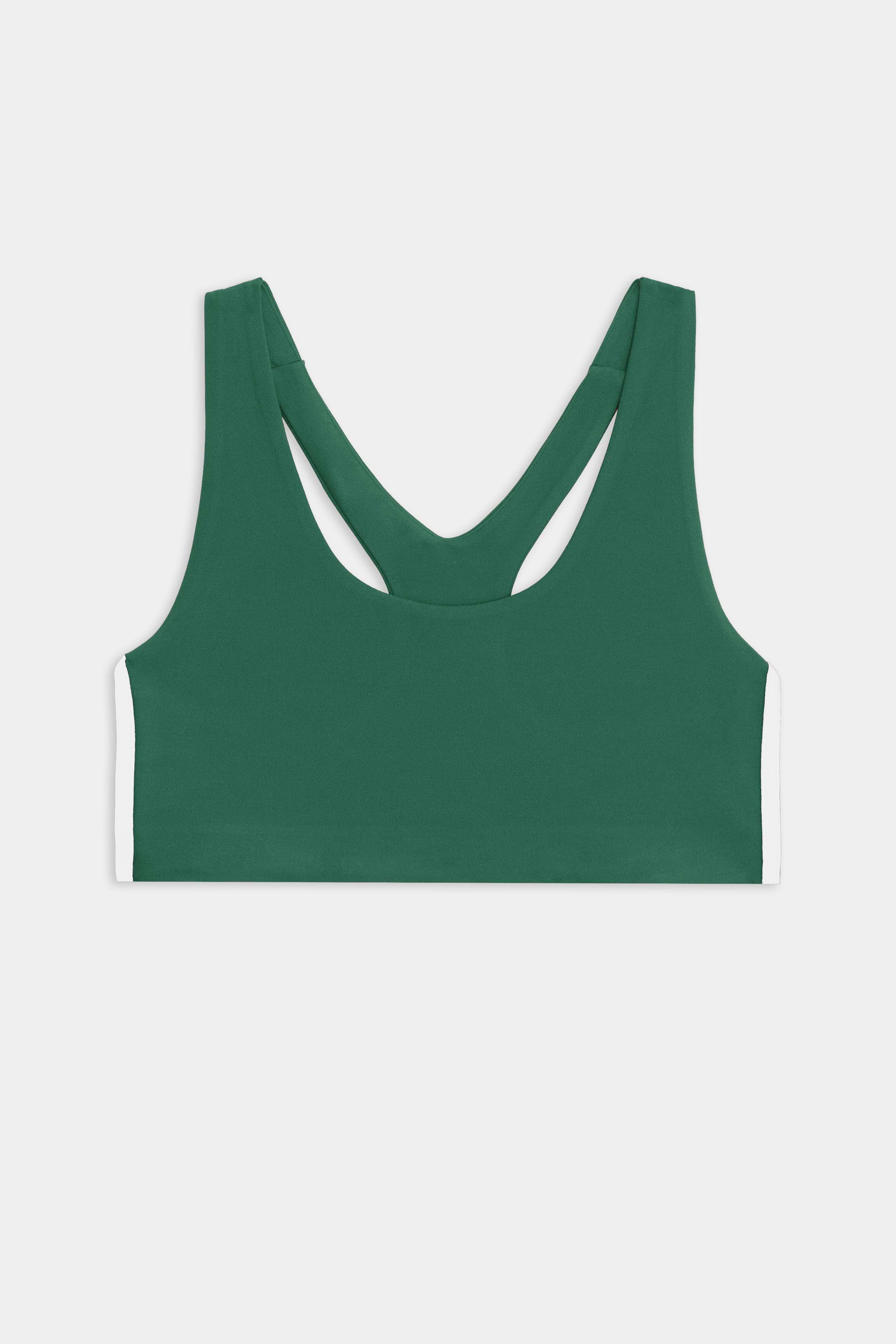 The SPLITS59 Ella Airweight Bra in Arugula/White features a racerback, supportive design, and white side panels—perfect for hot yoga. Shown flat against a white background.