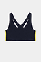 The SPLITS59 Ella Airweight Bra in Indigo/Bright Yellow features a racerback design and bold side accents, ideal for hot yoga, shown against a white background.