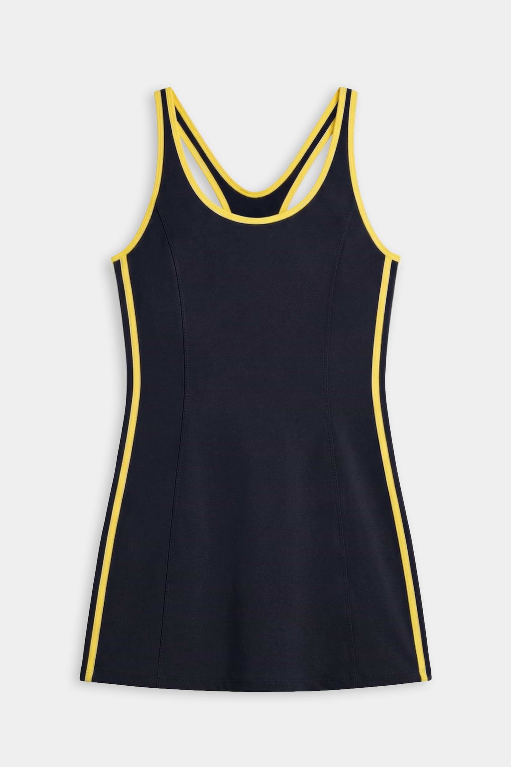 The SPLITS59 Ella Airweight Dress in Indigo/Bright Yellow features a sleeveless design with bright yellow trim along the neckline, armholes, and sides, shown laid flat on a white background.