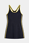 The SPLITS59 Ella Airweight Dress in Indigo/Bright Yellow features a sleeveless design with bright yellow trim along the neckline, armholes, and sides, shown laid flat on a white background.