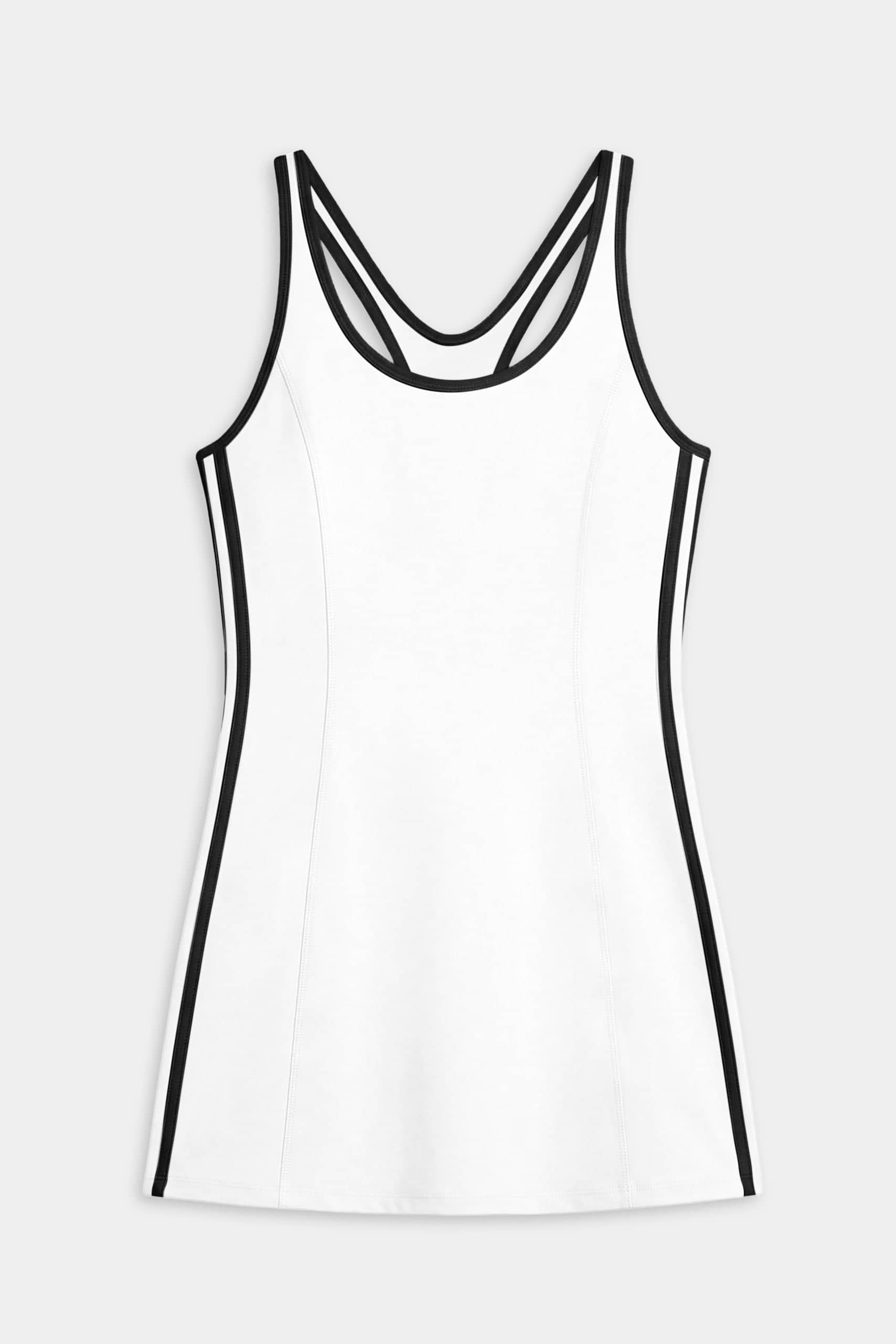 The SPLITS59 Ella Airweight Dress in White/Black features a sleeveless design with black trim along the neckline, armholes, and sides—perfect for comfort on and off the court. Displayed flat against a light background.