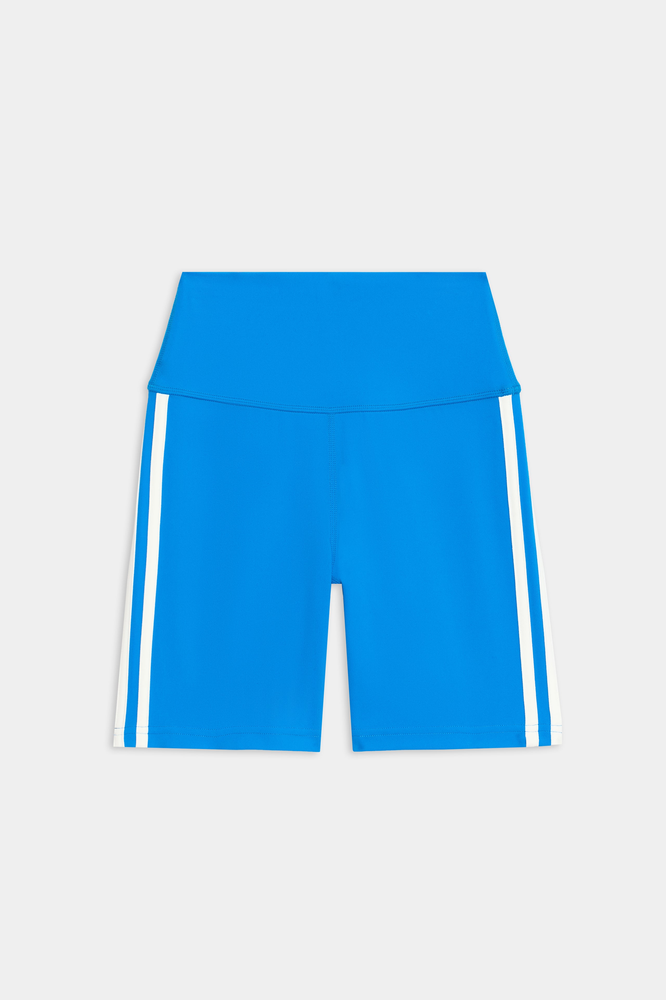 The SPLITS59 Ella High Waist Airweight Short in Riviera/White features a high waist and white side stripes, perfect for yoga sessions, shown against a plain light background.