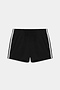 The SPLITS59 Ella Airweight Track Short in Black/White features ultra-light fabric, an elastic waistband, and white side stripes—ideal for hot yoga or active routines. Shown flat against a white background.
