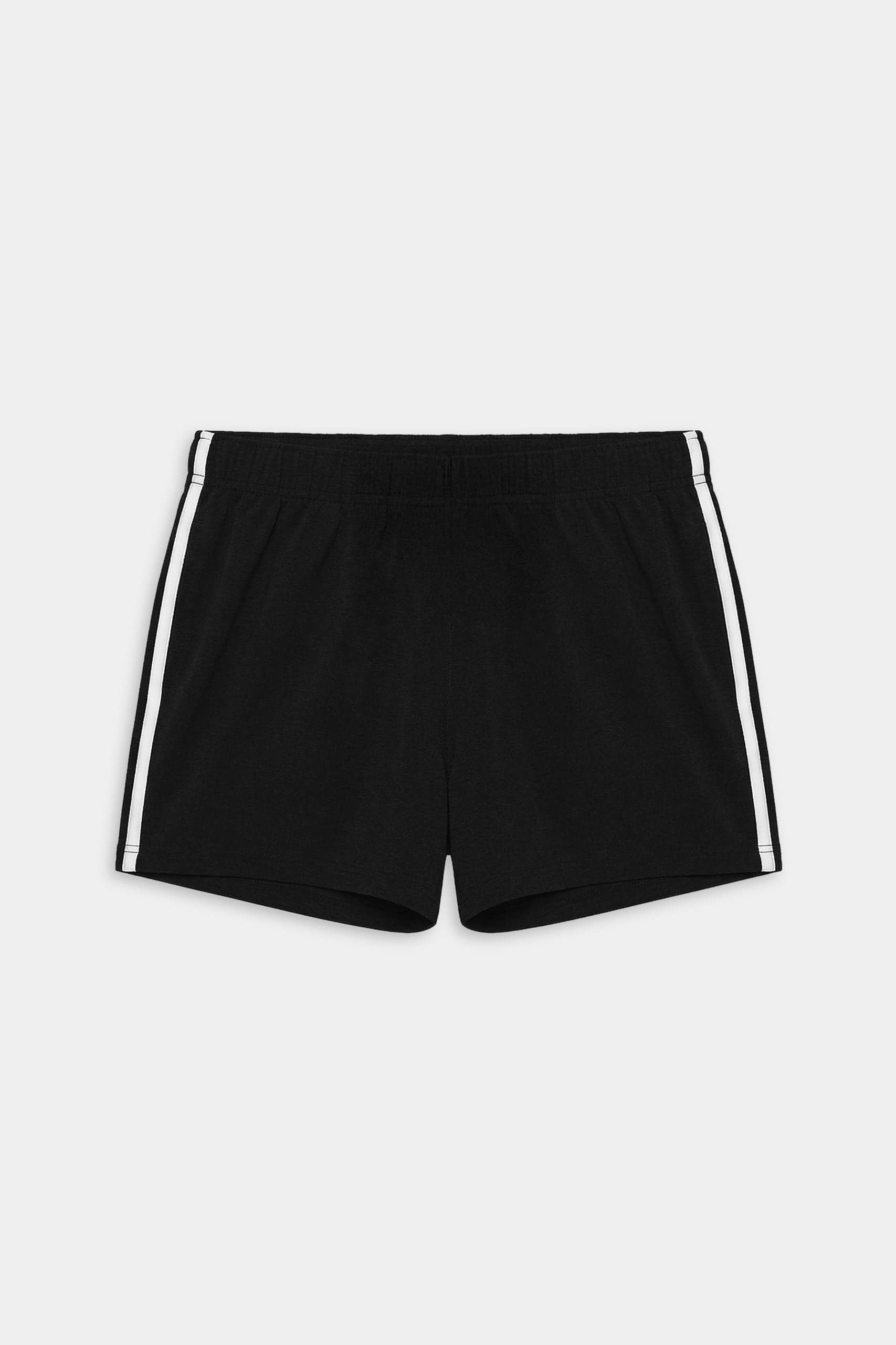 The SPLITS59 Ella Airweight Track Short in Black/White features ultra-light fabric, an elastic waistband, and white side stripes—ideal for hot yoga or active routines. Shown flat against a white background.