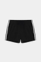 The SPLITS59 Ella Airweight Track Short in Black/White features ultra-light fabric, an elastic waistband, and white side stripes—ideal for hot yoga or active routines. Shown flat against a white background.