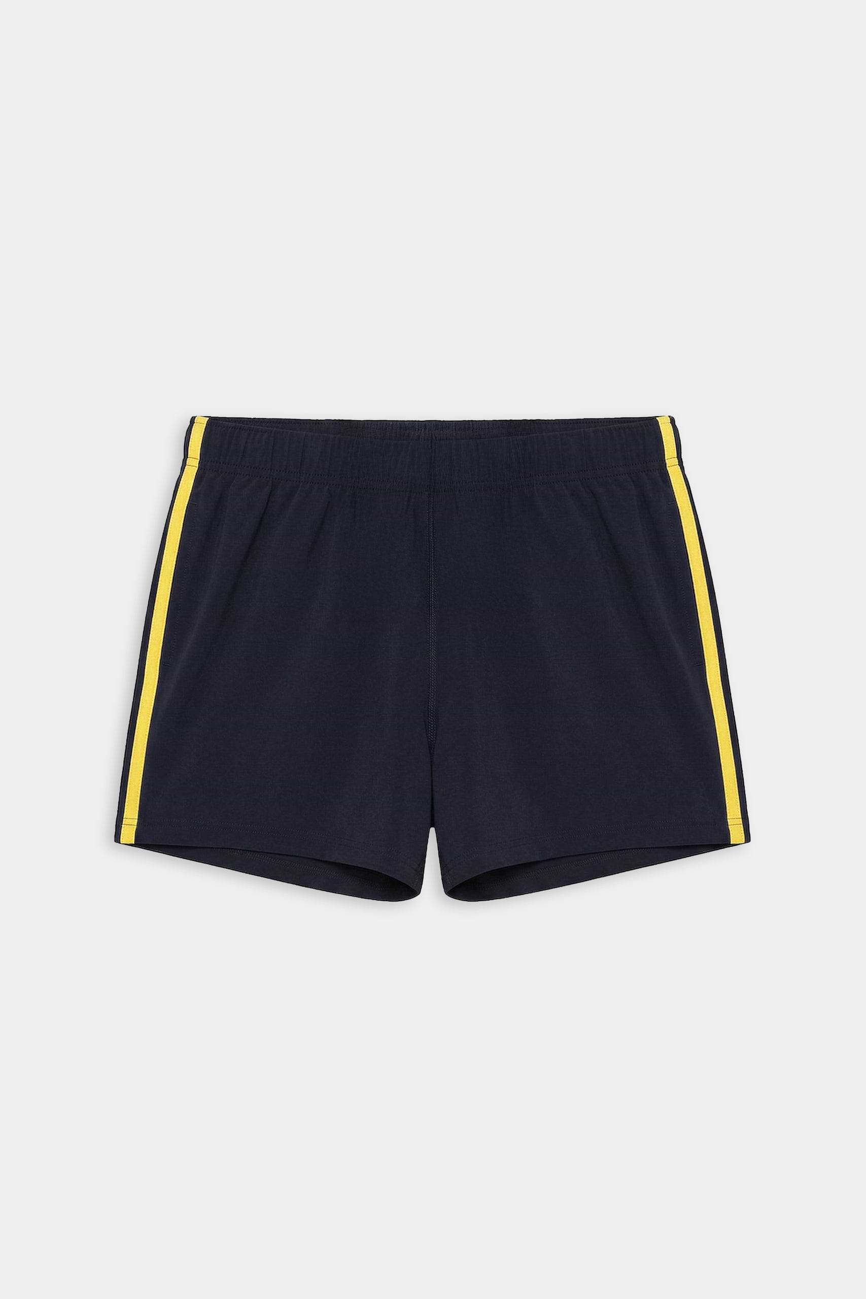 The SPLITS59 Ella Airweight Track Short in Indigo/Bright Yellow features yellow side stripes, an elastic waistband, and a simple design in soft Airweight fabric, shown laid flat on a white background.