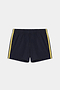 The SPLITS59 Ella Airweight Track Short in Indigo/Bright Yellow features yellow side stripes, an elastic waistband, and a simple design in soft Airweight fabric, shown laid flat on a white background.