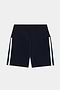 SPLITS59's Ella Airweight High Waist Shorts in Indigo/White feature black athletic shorts with white stripes on a white background, crafted from ultra-soft fabric for ultimate comfort.