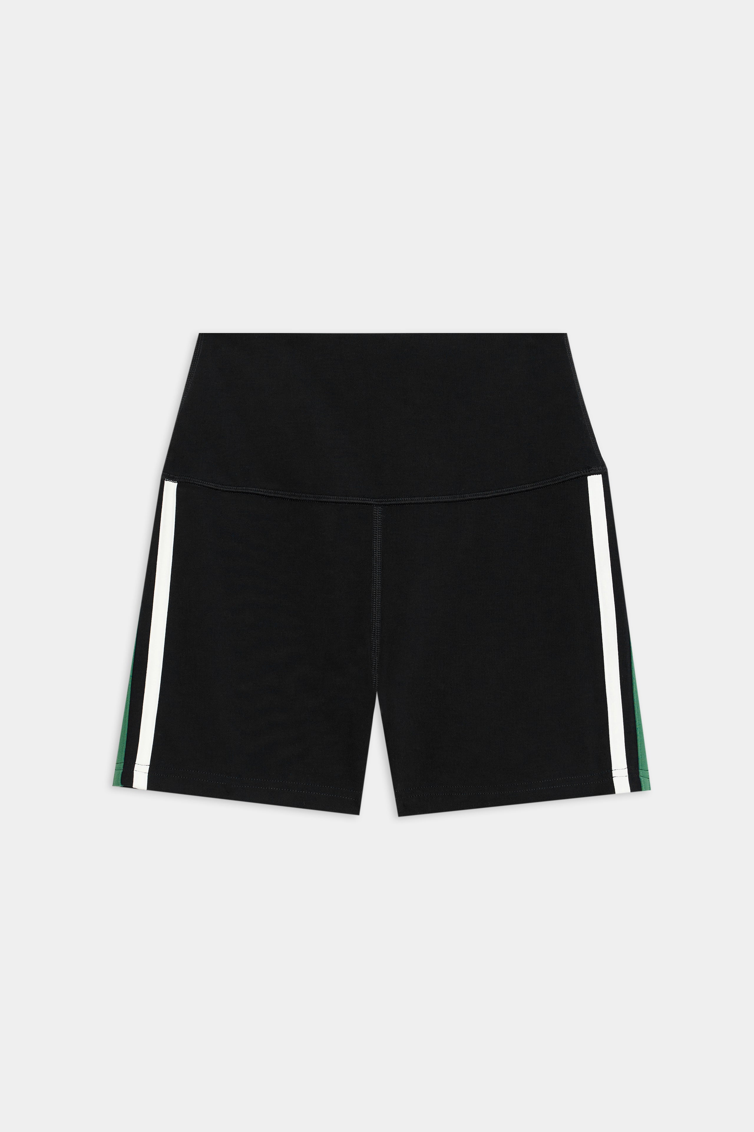 The SPLITS59 Ella Airweight High Waist Short 3.5" in Black/Arugula features ultra luxe fabric, white side stripes, and a wide waistband, styled against a minimalist light background.