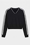 The SPLITS59 Ellie Fleece V Neck Sweatshirt in Black/White features long sleeves with white stripes, a cropped cut, and soft modal-spandex fabric, shown on a white background.