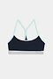 The SPLITS59 Emerson Airweight Bra in Indigo/Dove Grey features light blue straps, white trim, and a gray band—shown from the back on a white background—ideal for hot yoga or Pilates.