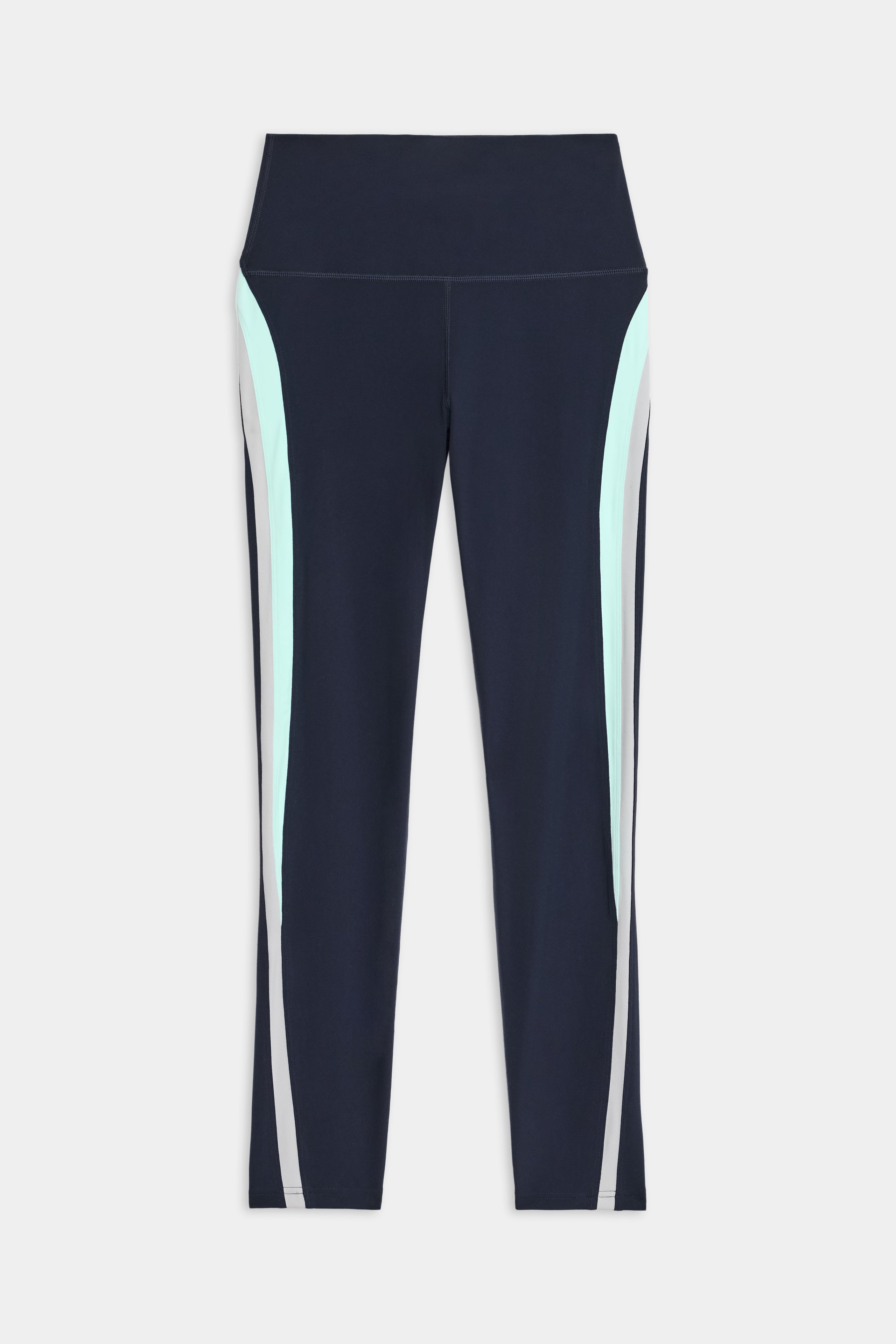 The SPLITS59 Emerson Airweight High Waist legging in Indigo/Dove Grey features light blue and gray vertical side stripes; perfect for hot yoga or Pilates, shown laid flat on a white background.