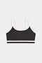 The SPLITS59 Eva Rigor Double Strap Bra, featuring a black design with white trim and double thin shoulder straps, is displayed on a plain white background.