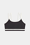The SPLITS59 Eva Rigor Double Strap Bra, featuring a black design with white trim and double thin shoulder straps, is displayed on a plain white background.