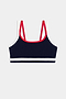 The SPLITS59 Eva Rigor Double Strap Bra in Indigo/White features contrast color accents and double red straps, shown on a plain background—perfect for gym workouts.